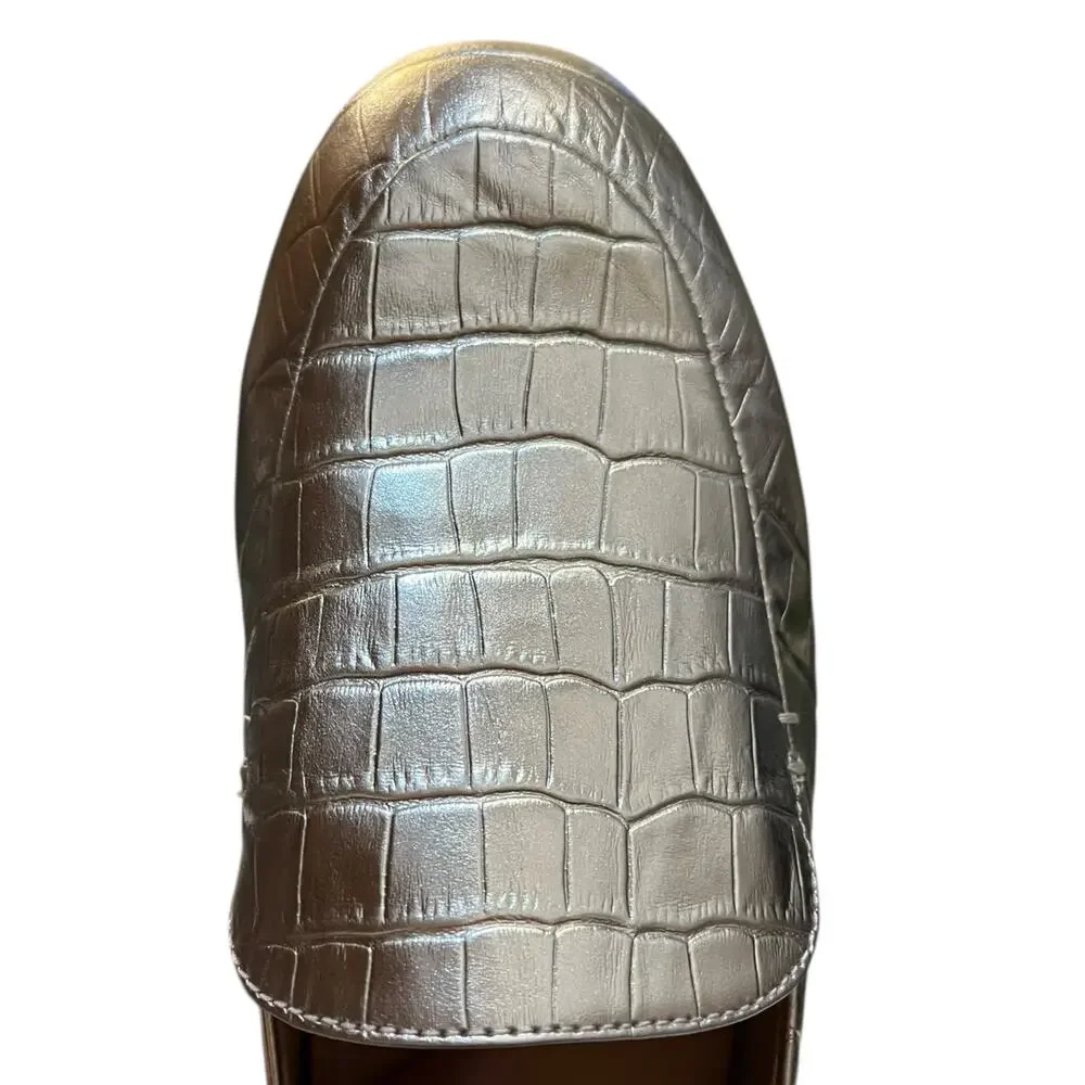 NWOT Fitflop Metallic Silver Croc-Embossed Slip-On Loafers.